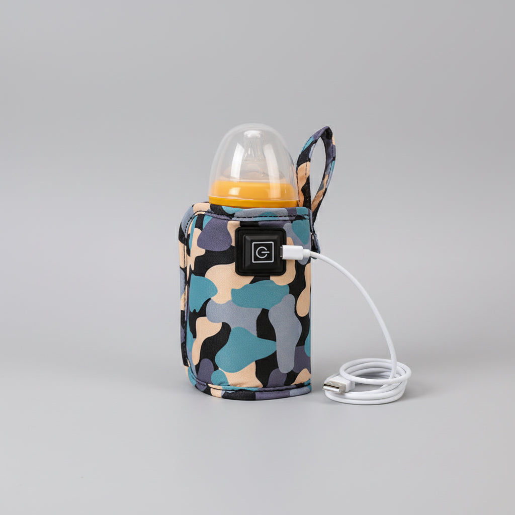 Camouflage-patterned baby bottle warmer with power cable on an orange background