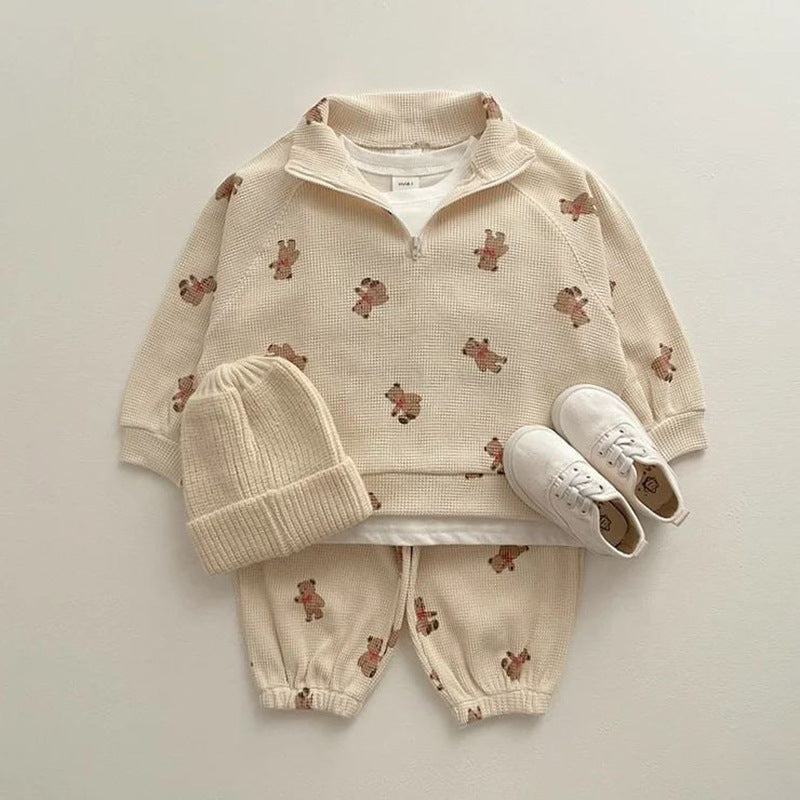 Korean version of baby boys and girls cartoon bear print casual hoodie set Waffle two-piece