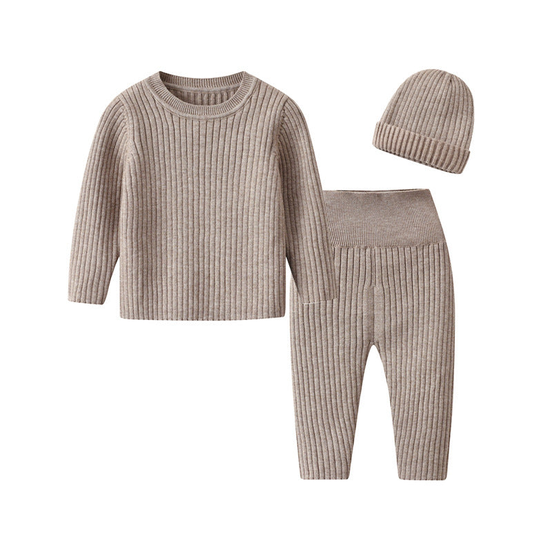 Spring and Autumn Korean version baby sweater set pit strip knitted shirt high waist pants hat men's baby warm leggings