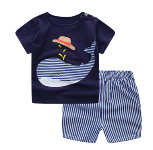 Boys Blue Striped Whale Short Set
