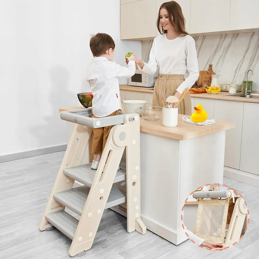 Foldable Toddler Tower Kitchen Learning Stool Helper, Montessori Kids Standing Tower For Counter, Collapsible Adjustable Baby