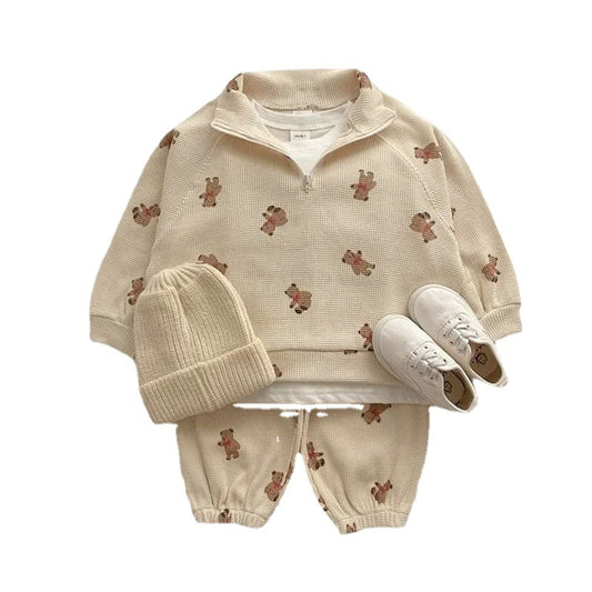 Korean version of baby boys and girls cartoon bear print casual hoodie set Waffle two-piece