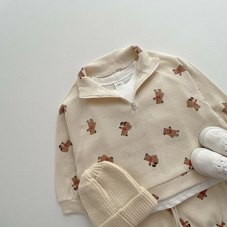 Korean version of baby boys and girls cartoon bear print casual hoodie set Waffle two-piece