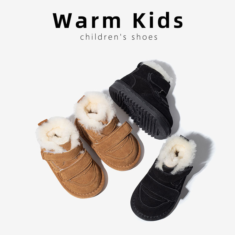 Genuine leather wool children's winter snow boots, girls' fleece warm cotton boots, baby big cotton shoes