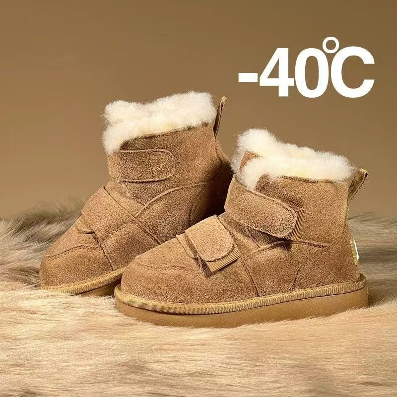 Genuine leather wool children's winter snow boots, girls' fleece warm cotton boots, baby big cotton shoes