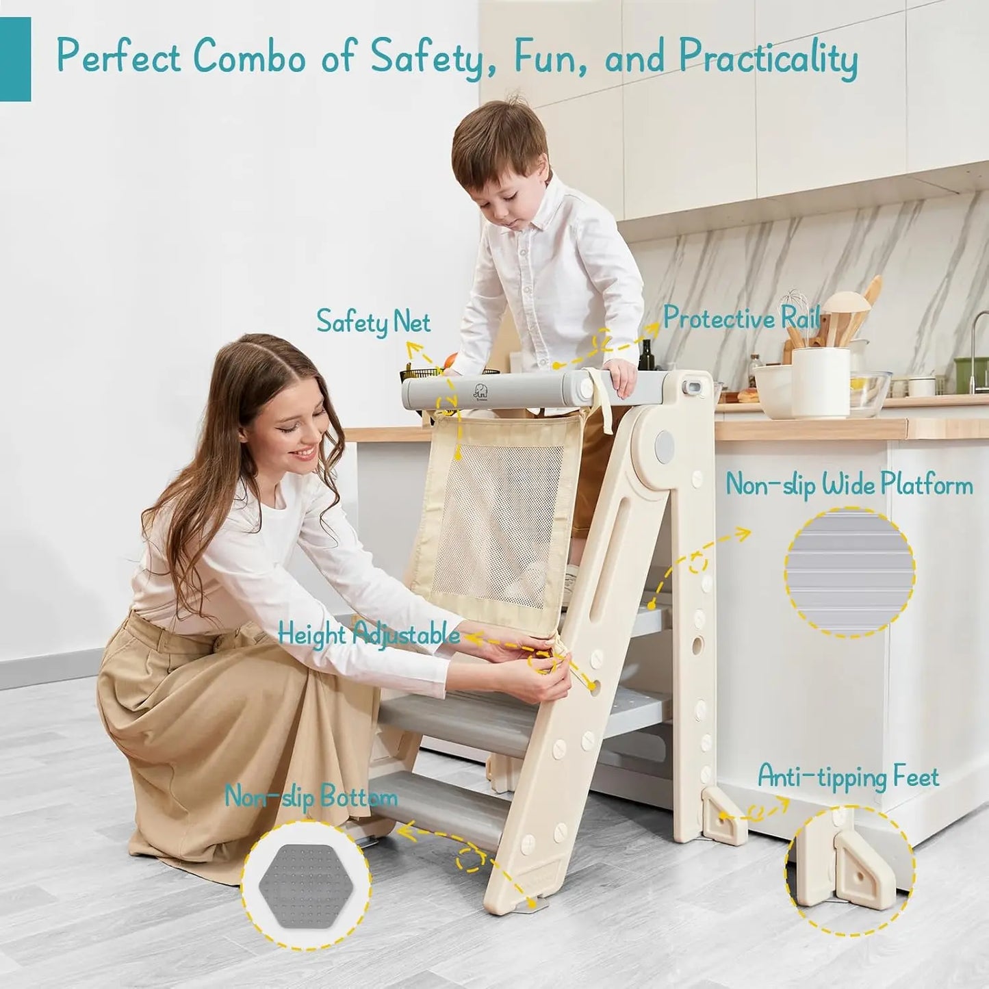 Foldable Toddler Tower Kitchen Learning Stool Helper, Montessori Kids Standing Tower For Counter, Collapsible Adjustable Baby