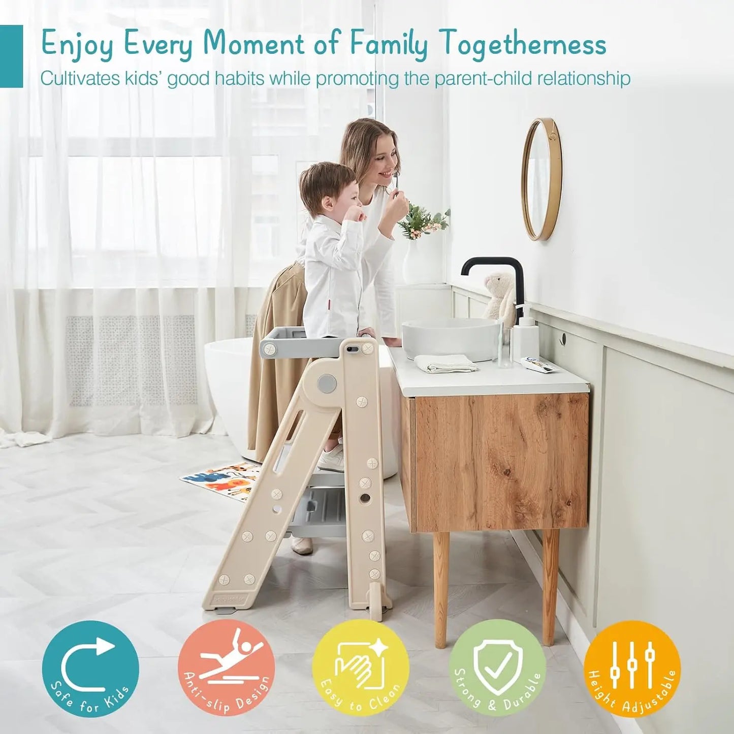 Foldable Toddler Tower Kitchen Learning Stool Helper, Montessori Kids Standing Tower For Counter, Collapsible Adjustable Baby