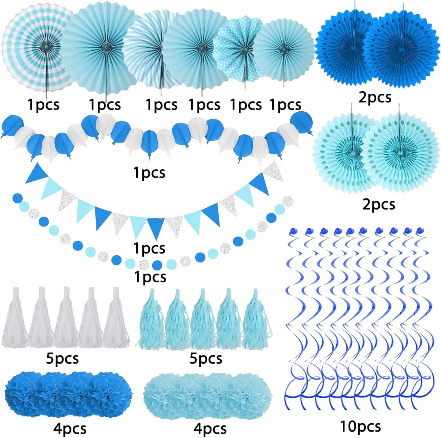 Party Decorations, 41 Pcs Blue Papar Fans Pompoms Garlands String Tissue Paper Tassel For Fiesta Home Bridal Baby Shower