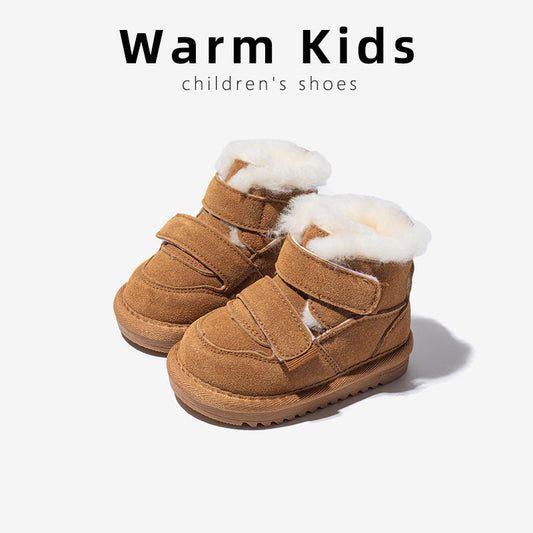 Genuine leather wool children's winter snow boots, girls' fleece warm cotton boots, baby big cotton shoes