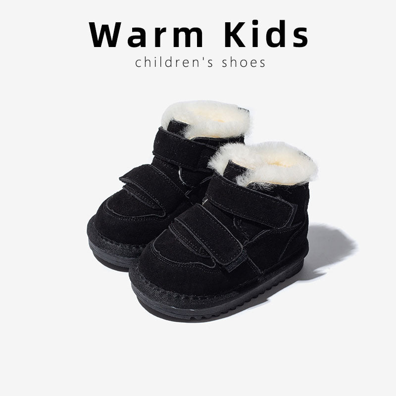 Genuine leather wool children's winter snow boots, girls' fleece warm cotton boots, baby big cotton shoes