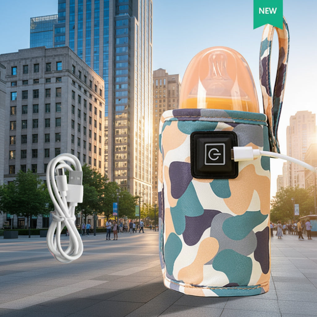 Camouflage-patterned baby bottle warmer with USB cable on a gray background